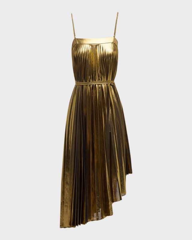 Irene Pleated Metallic High-Low Midi Dress